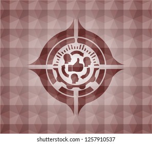 good customer feedback icon inside red seamless emblem with geometric pattern background.