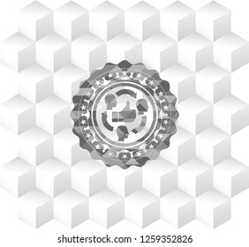 good customer feedback icon inside grey badge with geometric cube white background