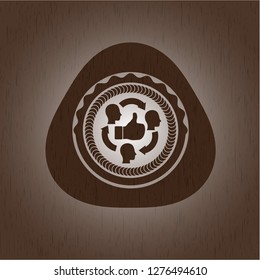 good customer feedback icon inside badge with wooden background