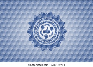 good customer feedback icon inside blue emblem with geometric background.