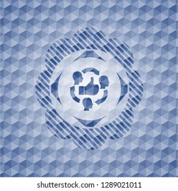 good customer feedback icon inside blue emblem or badge with abstract geometric polygonal pattern background.