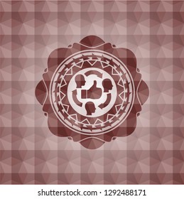 good customer feedback icon inside red seamless emblem or badge with geometric pattern background.