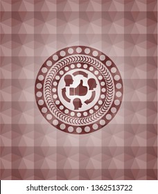 good customer feedback icon inside red emblem or badge with abstract geometric polygonal pattern background. Seamless.