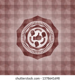 good customer feedback icon inside red seamless emblem or badge with abstract geometric pattern background.