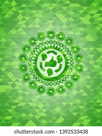 good customer feedback icon inside green emblem. Mosaic background