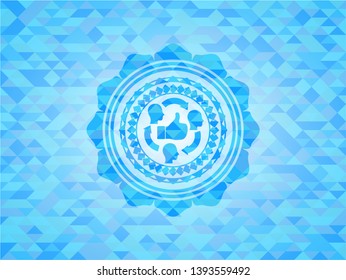good customer feedback icon inside light blue emblem with triangle mosaic background
