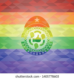good customer feedback icon inside emblem on mosaic background with the colors of the LGBT flag