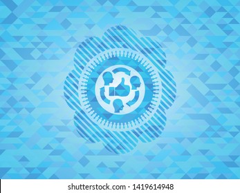 good customer feedback icon inside sky blue emblem with mosaic ecological style background