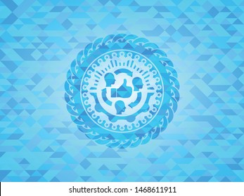 good customer feedback icon inside sky blue emblem with mosaic ecological style background