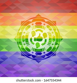 good customer feedback icon inside emblem on mosaic background with the colors of the LGBT flag