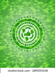 good customer feedback icon inside green emblem with mosaic background. 