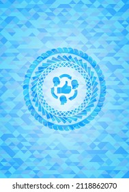 good customer feedback icon inside light blue emblem with triangle mosaic background. 