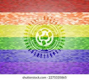 good customer feedback icon inside emblem on mosaic background with the colors of the LGBT flag. 