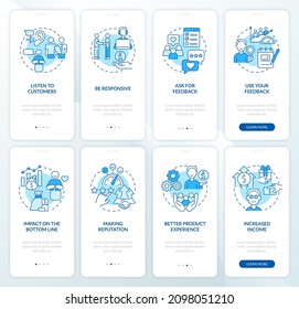Good customer support blue onboarding mobile app screen set. Walkthrough 5 steps graphic instructions pages with linear concepts. UI, UX, GUI template. Myriad Pro-Bold, Regular fonts used