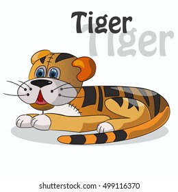 Good and cute cartoon tiger lies on a white background. Vector illustration