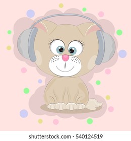 Good cute cat listening to music. Greeting card.Yellow background