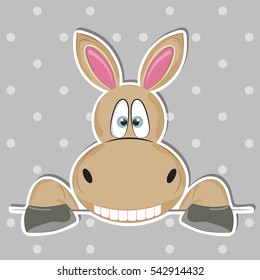 Good cute donkey. Greeting card. Gray background