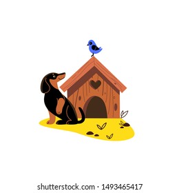 Good dachshund sitting in grass around doghouse. Cartoon vector illustration for nursery, kids apparel, poster, postcard, pattern.