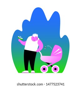 The good dad was distracted from reading the book and looks at the baby in the stroller, who spat out the nipple. Vector illustration with pink, blue and green colors.