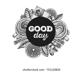 Good day composition in circle shape, sketch of different objects like gifts and coffee mugs, white and black