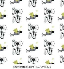 Good day - Funny monsters seamless pattern with lettering. Color kids vector illustration in scandinavian style.