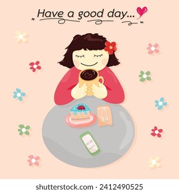  It's a good day to have a good day. The cup with images of smiling girl with hot coffee.