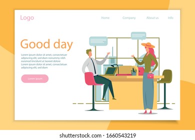 "Good Day Header" mit Arbeitsscene in Recruiting Agency oder Employment Center. Cartoon Figuren von Mensch und Frau, Recruiter und Job Candidate in Modernem Büro. Flache Vektorillustration Illustration.
