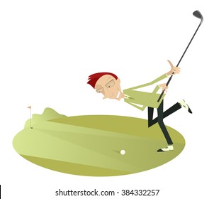 Good day for playing golf. Smiling golfer makes a good shot

