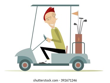 Good day for playing golf. Smiling man is going to play golf in the golf cart
