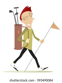 Good day for playing golf. Smiling man with bag of golf clubs is going to play golf
