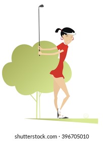 Good day for playing golf. Smiling woman golfer on the golf course makes a short