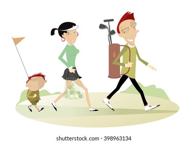 Good day for playing golf. Smiling man, woman and a boy are going to play golf
