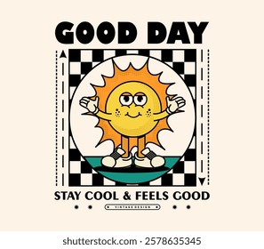 good day slogan with Sun mascot character in retro cartoon style. Perfect for stickers, posters, and prints. Vector illustration