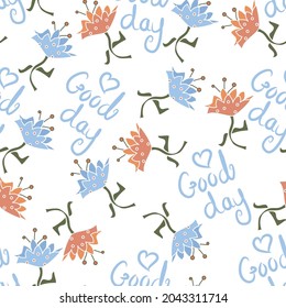 'Good day' text vector repeat pattern with decorative flowers in blue and [pink scattered on a white background