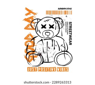 good day typography slogan with hand sketch bear doll sitting vector illustration for streetwear and urban style t-shirts design, hoodies, etc