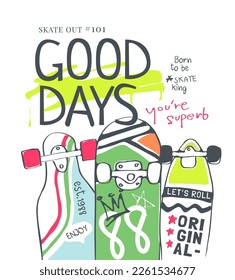 slogan de buenos días con patinetas coloridas ilustración vectorial para la impresión de moda