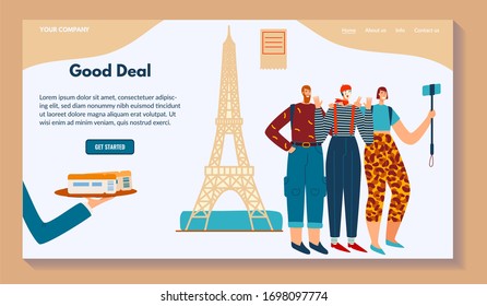 Good deal, business web banner, character man paris, selfie mime, flat vector illustration. Contact, info, about us, home, more button. European travel business, design for website, company name.