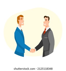 Good Deal Concept. Business Partners Men Handshaking.Businessmen Making A Deal. Money Investment Concept.Flat Style Character Vector