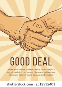 good deal, people shaking hands. Vector Illustration of handshake of two businessmen in retro engraving style. multicolored browns in object and background. vertical layout poster banner design.