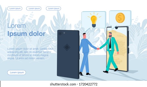 Good deal. Two men come out of phones shaking hands. One businessman sells an idea to another for bitcoins. Business vector concept illustration.