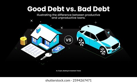 Good Debt and Bad Debt – Smart Borrowing and Risky Loans Depicted with Credit Cards, Assets, Liabilities, and Debt Management Visuals-Financial Awareness Vector Illustration
