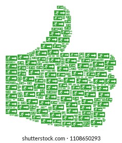 Good decision mosaic constructed with emergency exit objects in variable sizes. Abstract vector thumb up representaion. Emergency exit icons are grouped into agree shape.