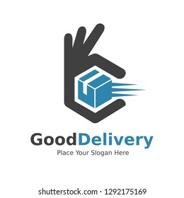 Good delivery with box and hand Ok symbol. This logo is suitable for business, market, shop.