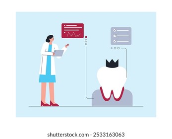 Boa verificação de saúde dentária realizada pelo dentista, ilustração vetorial.