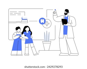 Ilustración abstracta del vector del concepto de la instrucción del grupo de buenas prácticas dentales. Grupo de niños aprendiendo a cepillarse los dientes con dentista pediátrico, medicina oral, higiene personal metáfora abstracta.