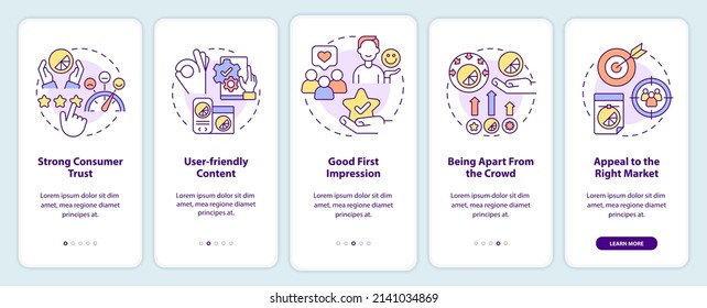 Good design importance onboarding mobile app screen. Business style walkthrough 5 steps graphic instructions pages with linear concepts. UI, UX, GUI template. Myriad Pro-Bold, Regular fonts used