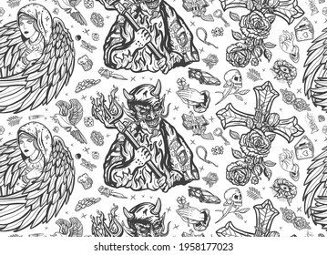 Good and devil. Angel and demon seamless pattern. Cross with roses, hands prayer, dove. Sin and holiness. Paradise and Hell art. Terrible satan with pitchforks and holy nun. Old school tattoo style
