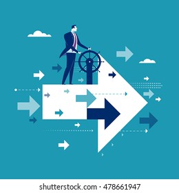 Good direction. Businessman drive flying arrows. Concept business vector illustration