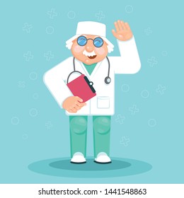 Good doctor. Positive cartoon picture with the doctor. Children's picture with the doctor. Children's illustration on a medical theme.