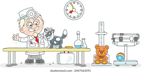 Good doctor veterinarian in a white hospital gown friendly smiling and examining a funny cat on a medical table in a veterinary clinic, vector cartoon illustration isolated on a white background